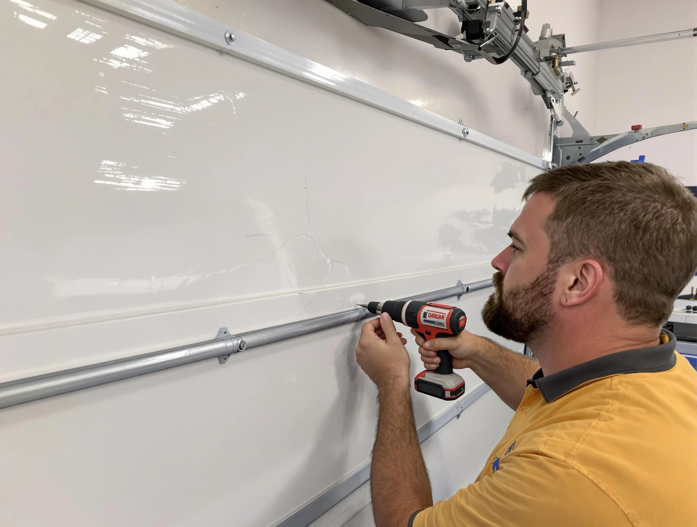 Irvine Garage Door Repair expert performing dent repair on garage door in Irvine