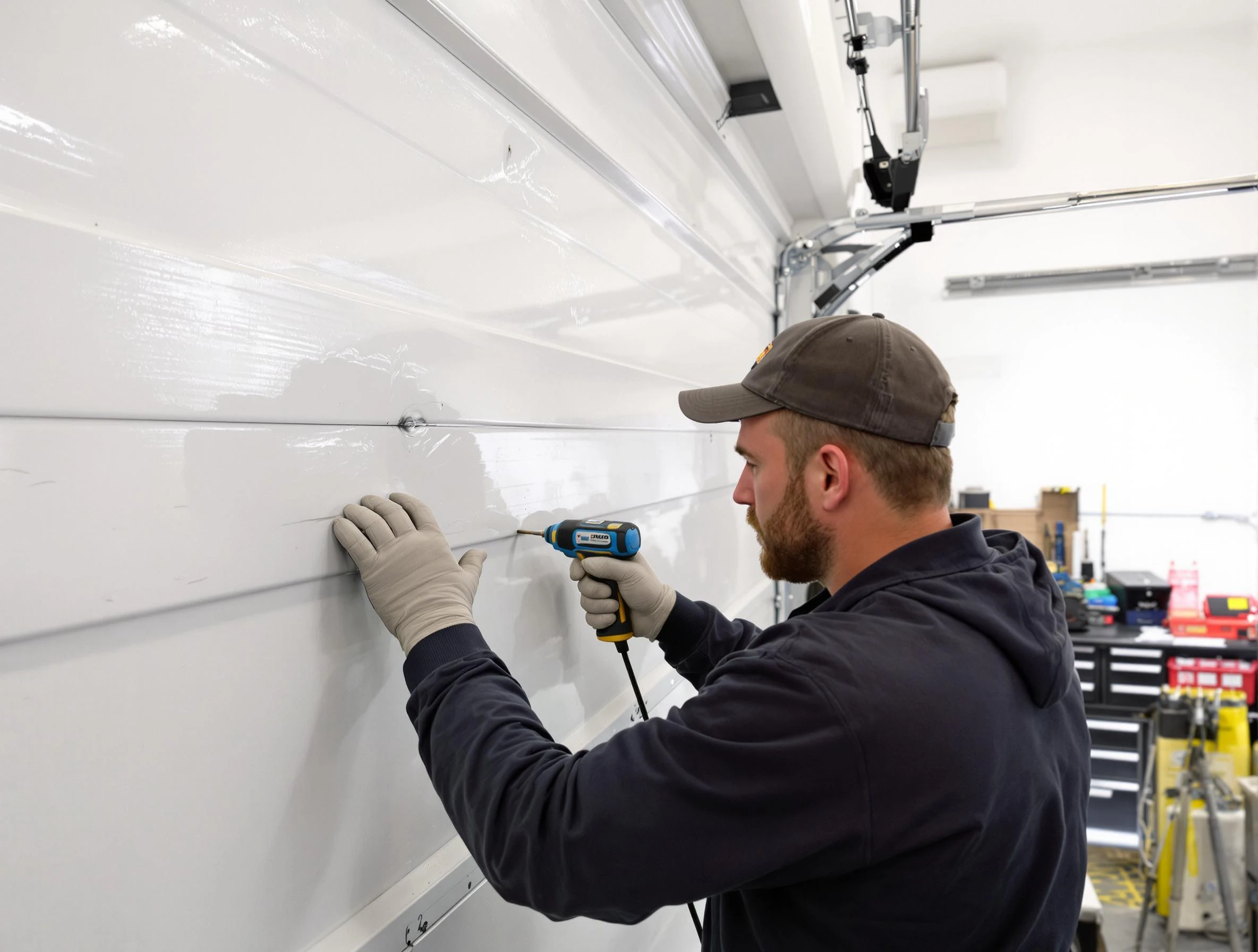 Irvine Garage Door Repair technician demonstrating precision dent removal techniques on a Irvine garage door
