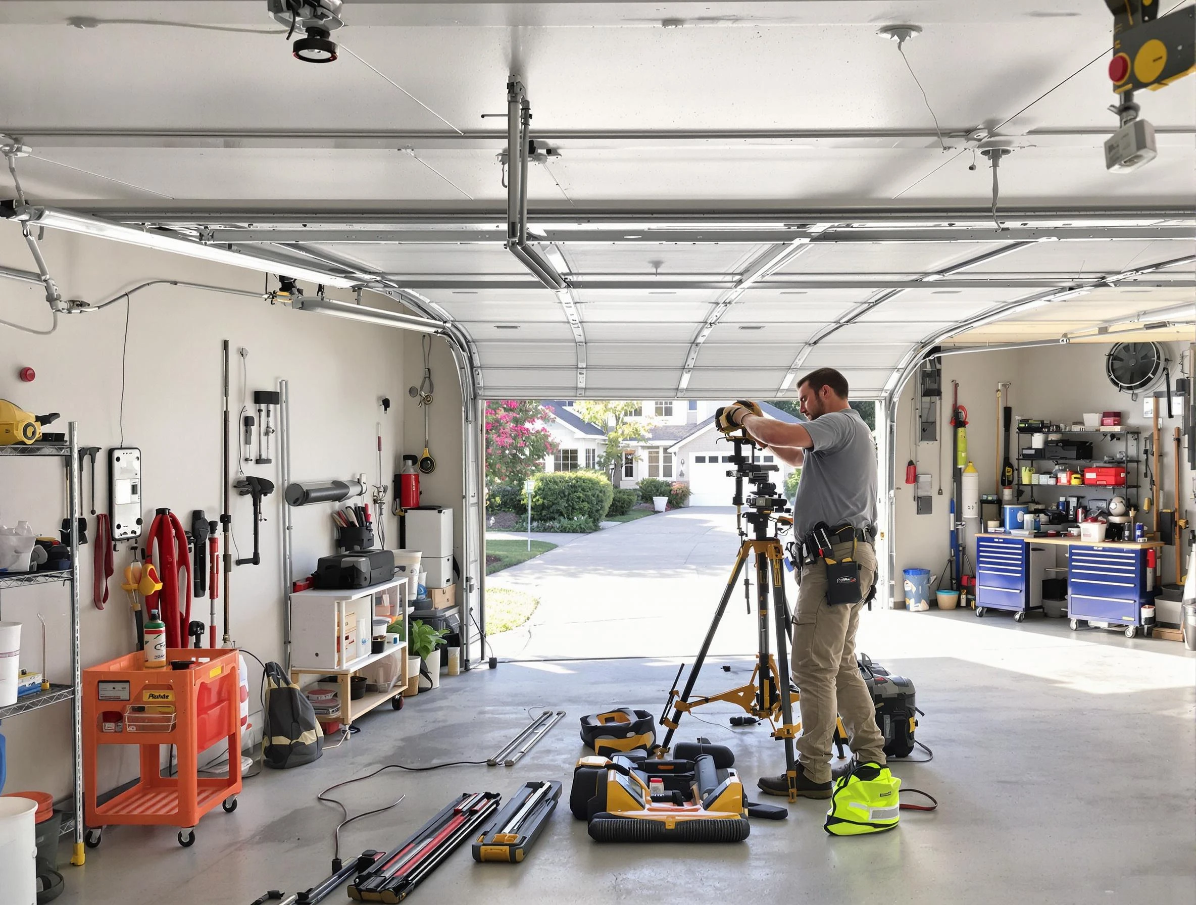 Irvine Garage Door Repair specialist performing laser-guided track alignment in Irvine